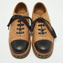 Chanel Tan/Black Quilted Leather Chain Embellished Cap Toe Oxfords Size 36.5