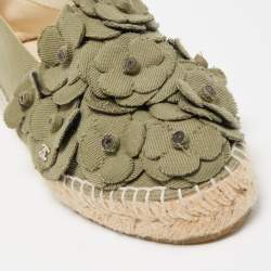 Chanel Olive Green Canvas CC Camelia Espadrille Flats Size 36