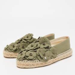 Chanel Olive Green Canvas CC Camelia Espadrille Flats Size 36