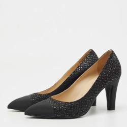 Pre Owned Chanel Black Textured Fabric and Canvas CC Pumps Size 37.5