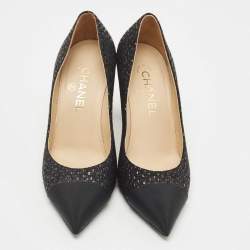 Pre Owned Chanel Black Textured Fabric and Canvas CC Pumps Size 37.5