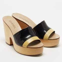 Chanel Two Tone Patent Leather CC Platform Slide Sandals Size 41