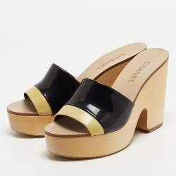 Chanel Two Tone Patent Leather CC Platform Slide Sandals Size 41