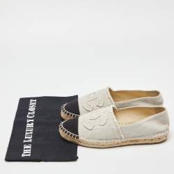 Pre Owned Chanel Off White/Black Canvas CC Cap Toe Espadrille Flats Size 37
