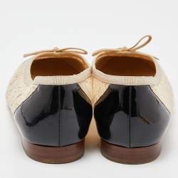 Pre Owned Chanel Beige/Black Lace and Patent Leather CC Cap Toe Ballet Flats Size 37