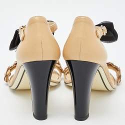 Chanel Beige/Black Leather Faux Pearl Embellished Camellia and CC Bow T-Strap Sandals Size 37