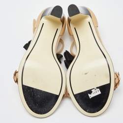 Chanel Beige/Black Leather Faux Pearl Embellished Camellia and CC Bow T-Strap Sandals Size 37