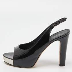 Chanel Black Patent Leather Open Toe Platform Slingback Sandals Size 38