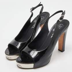 Chanel Black Patent Leather Open Toe Platform Slingback Sandals Size 38