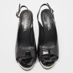 Chanel Black Patent Leather Open Toe Platform Slingback Sandals Size 38