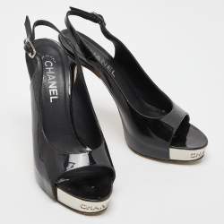 Chanel Black Patent Leather Open Toe Platform Slingback Sandals Size 38