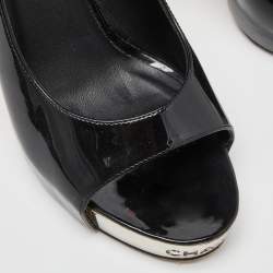 Chanel Black Patent Leather Open Toe Platform Slingback Sandals Size 38