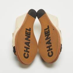 Chanel Cream/Black Canvas Camellia Embellished Wedge Slide Sandals Size 42