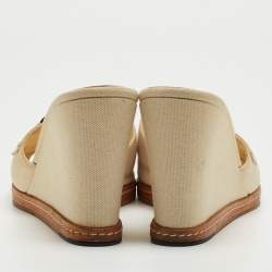 Chanel Cream/Black Canvas Camellia Embellished Wedge Slide Sandals Size 42