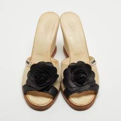 Chanel Cream/Black Canvas Camellia Embellished Wedge Slide Sandals Size 42