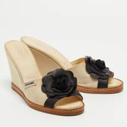 Chanel Cream/Black Canvas Camellia Embellished Wedge Slide Sandals Size 42