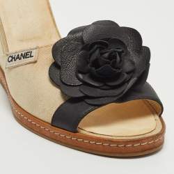 Chanel Cream/Black Canvas Camellia Embellished Wedge Slide Sandals Size 42