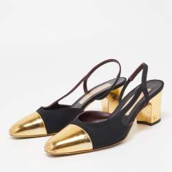 Pre Owned Chanel Black Canvas and Leather CC  Slingback Pumps Size 37