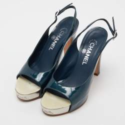 Chanel Teal Green Patent Leather Open Toe Platform Slingback Sandals Size 38