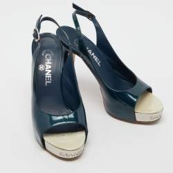 Chanel Teal Green Patent Leather Open Toe Platform Slingback Sandals Size 38