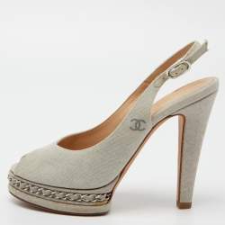 Chanel Grey Canvas CC Chain Link Platform Peep Toe Slingback Pumps Size 37.5