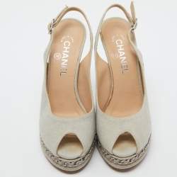 Chanel Grey Canvas CC Chain Link Platform Peep Toe Slingback Pumps Size 37.5