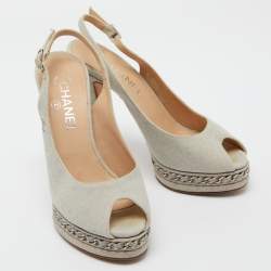 Chanel Grey Canvas CC Chain Link Platform Peep Toe Slingback Pumps Size 37.5