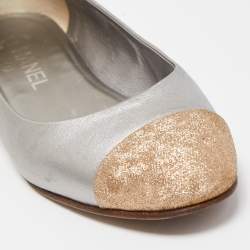 Pre Owned Chanel Metallic Gold/Silver Leather CC Cap Toe Ballet Flats Size 38