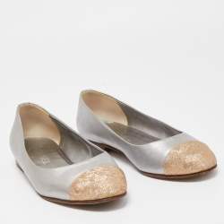 Pre Owned Chanel Metallic Gold/Silver Leather CC Cap Toe Ballet Flats Size 38