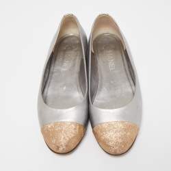 Pre Owned Chanel Metallic Gold/Silver Leather CC Cap Toe Ballet Flats Size 38