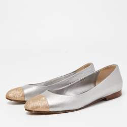 Pre Owned Chanel Metallic Gold/Silver Leather CC Cap Toe Ballet Flats Size 38