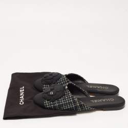 Chanel Multicolor Tweed and Canvas CC Camelia Flat Mules Size 41.5