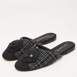 Chanel Multicolor Tweed and Canvas CC Camelia Flat Mules Size 41.5