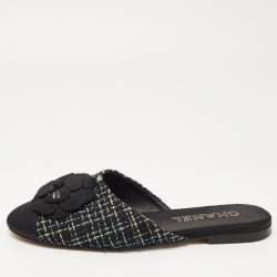 Chanel Multicolor Tweed and Canvas CC Camelia Flat Mules Size 41.5