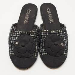 Chanel Multicolor Tweed and Canvas CC Camelia Flat Mules Size 41.5