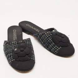 Chanel Multicolor Tweed and Canvas CC Camelia Flat Mules Size 41.5