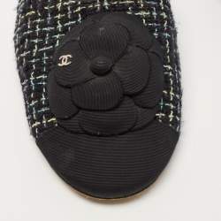 Chanel Multicolor Tweed and Canvas CC Camelia Flat Mules Size 41.5