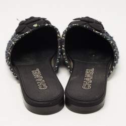 Chanel Multicolor Tweed and Canvas CC Camelia Flat Mules Size 41.5