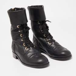 Chanel Black Quilted Leather CC Combat Boots Size 39