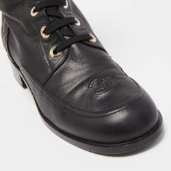 Chanel Black Quilted Leather CC Combat Boots Size 39