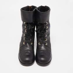 Chanel Black Quilted Leather CC Combat Boots Size 39
