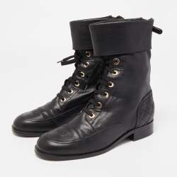 Chanel Black Quilted Leather CC Combat Boots Size 39