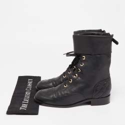 Chanel Black Quilted Leather CC Combat Boots Size 39