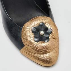 Pre Owned Chanel Black/Gold Leather and Python Embossed Cap Toe CC Camellia Pumps Size 36