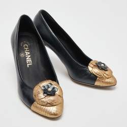 Pre Owned Chanel Black/Gold Leather and Python Embossed Cap Toe CC Camellia Pumps Size 36