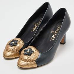 Pre Owned Chanel Black/Gold Leather and Python Embossed Cap Toe CC Camellia Pumps Size 36