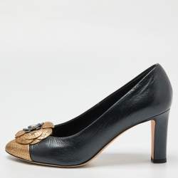 Pre Owned Chanel Black/Gold Leather and Python Embossed Cap Toe CC Camellia Pumps Size 36