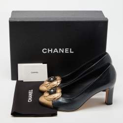 Pre Owned Chanel Black/Gold Leather and Python Embossed Cap Toe CC Camellia Pumps Size 36