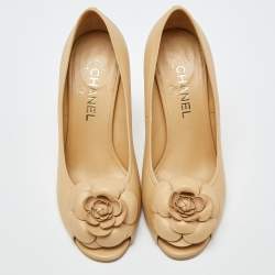 Pre Owned Chanel Beige Leather CC Camellia Peep Toe Pumps Size 39