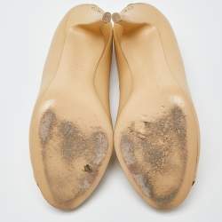 Pre Owned Chanel Beige Leather CC Camellia Peep Toe Pumps Size 39